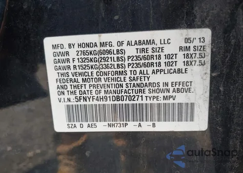 2013 Honda Pilot Touring из США, поврежденный, VIN 5FNYF4H91DB070271